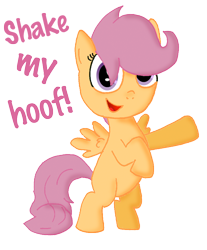 Size: 766x925 | Tagged: safe, artist:ajmstudios, character:scootaloo, species:pegasus, species:pony, bipedal, cute, female, hooves, looking at you, meme, shake my hoof, simple background, smiling, solo, standing, transparent background