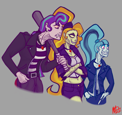 Size: 1800x1696 | Tagged: safe, artist:madness-with-reason, character:adagio dazzle, character:aria blaze, character:sonata dusk, female, gray background, greaser, midriff, pompadour, simple background, tattoo, the dazzlings, trio