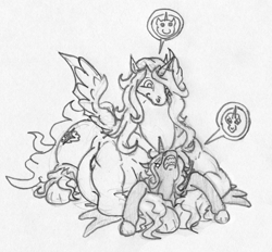 Size: 1566x1455 | Tagged: safe, artist:siegfriednox, oc, oc:image, oc:invidia nox, species:alicorn, species:pony, alicorn oc, angry, c:, d:, fat, lying on top of someone, open mouth, size difference, smiling, squish, traditional art