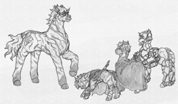 Size: 3132x1824 | Tagged: safe, artist:siegfriednox, oc, oc only, species:zebra, fallout equestria, fallout equestria: project horizons, armor, power armor, size difference, traditional art, weapon, zebra oc