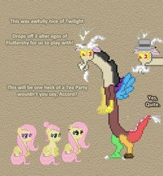 Size: 504x542 | Tagged: safe, artist:verve, character:discord, character:fluttershy, species:pegasus, species:pony, episode:fake it 'til you make it, accord, ask, ask genie twilight, comic, female, mare, multeity, pixel art, so much flutter, tea party, tumblr