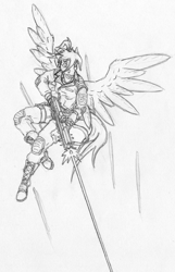 Size: 1732x2696 | Tagged: safe, artist:siegfriednox, oc, oc:morning glory (project horizons), species:anthro, species:pegasus, species:pony, fallout equestria, fallout equestria: project horizons, combat, flying, grand pegasus enclave, laser, traditional art, weapon