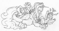 Size: 2574x1351 | Tagged: safe, artist:siegfriednox, oc, oc:buckets, oc:invidia nox, oc:rainstorm, species:alicorn, species:pegasus, species:pony, alicorn oc, angry, fat, group, large belly, lying down, lying on top of someone, sitting on pony, size difference, traditional art