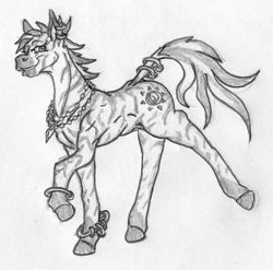 Size: 1394x1379 | Tagged: safe, artist:siegfriednox, oc, oc:uchaani, species:zebra, fallout equestria, fallout equestria: project horizons, ear piercing, earring, grayscale, jewelry, monochrome, necklace, piercing, simple background, solo, tail ring, traditional art, white background