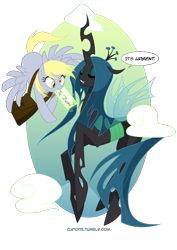 Size: 1280x1811 | Tagged: safe, artist:tarajenkins, character:derpy hooves, character:queen chrysalis, species:changeling, species:pegasus, species:pony, abstract background, changeling queen, cupidite, duo, duo female, female, letter, mare, mouth hold, smiling