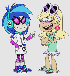 Size: 1812x1960 | Tagged: safe, artist:itoruna-the-platypus, character:dj pon-3, character:vinyl scratch, species:human, my little pony:equestria girls, clothing, crossover, duo, duo female, ear piercing, earring, female, fingerless gloves, glasses, gloves, headphones, jewelry, leni loud, nickelodeon, open mouth, piercing, sandals, shoes, smiling, sneakers, style emulation, sunglasses, the loud house