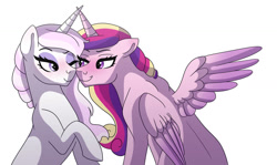Size: 1024x612 | Tagged: safe, artist:cascayd, character:fleur-de-lis, character:princess cadance, species:alicorn, species:pony, species:unicorn, ship:fleurdance, blushing, boop, eye contact, female, infidelity, lesbian, looking at each other, mare, noseboop, one eye closed, shipping, simple background, spread wings, white background, wingboner, wings