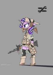 Size: 1414x2000 | Tagged: safe, artist:satv12, character:starlight glimmer, species:pony, species:unicorn, ammo pouch, bandana, bipedal, boots, cap, clothing, custom ak-12, female, gloves, gun, hat, headphones, headset, machine gun, military, military uniform, pouch, pouches, profile, reflex sight, shoes, solo, stockings, thigh highs, weapon