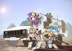 Size: 2000x1414 | Tagged: safe, artist:satv12, character:starlight glimmer, character:trixie, species:pony, species:unicorn, ammo pouch, bag, bandana, bipedal, boots, bulletproof vest, cap, car, clothing, desert, duo, female, gloves, gun, handgun, hat, headphones, headset, hooves, horn, machine gun, mare, military, military uniform, optical sight, pouch, pouches, reflex sight, rifle, shoes, smiling, sniper rifle, stockings, sun, technical, thigh highs, vest, weapon