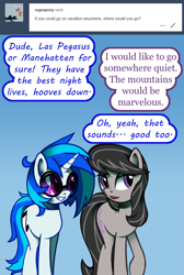 Size: 1000x1486 | Tagged: safe, artist:esuka, character:dj pon-3, character:octavia melody, character:vinyl scratch, species:earth pony, species:pony, species:unicorn, ship:scratchtavia, comic, couple, dialogue, female, lesbian, mare, open mouth, question, shipping, simple background, smiling, sunglasses, tumblr