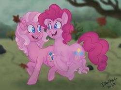 Size: 2732x2048 | Tagged: safe, artist:itoruna-the-platypus, character:pinkie pie, character:pinkie pie (g3), species:earth pony, species:pony, g3, duo, g3 to g4, generation leap, generational ponidox, happy, looking at each other, open mouth, ponidox, pronking, self ponidox, smiling