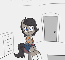 Size: 2532x2358 | Tagged: safe, artist:davierocket, oc, oc:longfolia, armband, clothing, crossdressing, daisy dukes, jeans, looking at you, male, messy mane, pants, ripped jeans, shorts, simple background, sitting, solo, stool