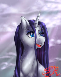 Size: 2400x3000 | Tagged: safe, artist:swiftriff, character:rarity, species:pony, species:unicorn, female, rain, smiling, solo, wet, wet mane, wet mane rarity
