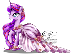 Size: 1200x873 | Tagged: safe, artist:tiffanymarsou, oc, oc only, oc:timeless love, species:crystal pony, species:pony, species:unicorn, clothing, commission, dress, eyelashes, eyeshadow, female, flower, gala dress, horn, jewelry, makeup, mare, simple background, smiling, solo, transparent background, watermark