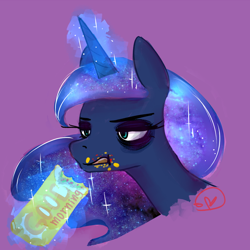 Size: 800x800 | Tagged: safe, artist:ryuredwings, character:princess luna, species:pony, burrito, bust, eating, female, food, grumpy, luna is not amused, magic, mare, messy, portrait, solo, unamused