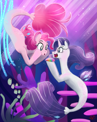 Size: 791x1000 | Tagged: safe, artist:ryuredwings, character:pinkie pie, character:rarity, species:pony, species:seapony (g4), ship:raripie, my little pony: the movie (2017), :o, female, lesbian, mare, open mouth, raripiebomb, seaponified, seapony pinkie pie, seapony rarity, shipping, species swap, underwater