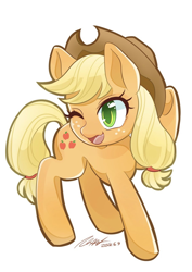 Size: 908x1284 | Tagged: safe, artist:bbtasu, character:applejack, species:earth pony, species:pony, clothing, cowboy hat, female, hat, mare, one eye closed, simple background, solo, white background
