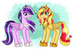 Size: 1024x696 | Tagged: safe, artist:spokenmind93, character:starlight glimmer, character:sunset shimmer, species:alicorn, species:pony, fanfic:my little pony: the unexpected future, alicornified, alternate universe, clothing, crown, duo, female, gold, jewelry, mare, princess starlight glimmer, queen sunset shimmer, race swap, regalia, shimmercorn, shoes, signature, silver, simple background, starlicorn, transparent background, watermark, xk-class end-of-the-world scenario