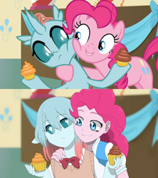 Size: 1984x2232 | Tagged: safe, artist:fantasygerard2000, edit, edited screencap, screencap, character:ocellus, character:pinkie pie, species:changeling, species:reformed changeling, episode:marks for effort, g4, my little pony: friendship is magic, my little pony:equestria girls, cheek squish, clothing, comparison, cupcake, dessert, draw this again, equestria girls interpretation, equestria girls-ified, food, scene interpretation, squishy cheeks, sweater vest