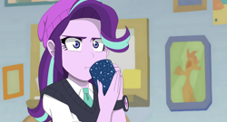 Size: 1782x965 | Tagged: safe, artist:fantasygerard2000, character:starlight glimmer, episode:marks for effort, g4, my little pony: friendship is magic, my little pony:equestria girls, beanie, chocolate, clothing, empathy cocoa, equestria girls interpretation, food, hat, hot chocolate, i mean i see, scene interpretation, sweater vest, watch, wristwatch