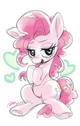 Size: 1306x2048 | Tagged: safe, artist:bbtasu, character:pinkie pie, species:earth pony, species:pony, female, heart, looking at you, mare, simple background, solo, white background