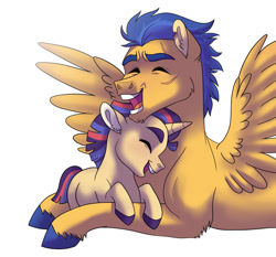 Size: 1024x955 | Tagged: safe, artist:cascayd, character:flash sentry, oc, oc:starswirl, parent:flash sentry, parent:twilight sparkle, parents:flashlight, species:pegasus, species:pony, species:unicorn, colt, eyes closed, father and son, father's day, happy, male, offspring, papa flash, simple background, smiling, white background
