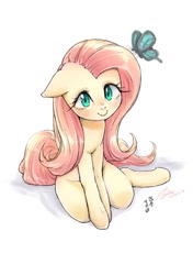 Size: 721x1024 | Tagged: safe, artist:bbtasu, artist:yanamosuda, character:fluttershy, species:pegasus, species:pony, butterfly, collaboration, cute, female, floppy ears, looking at you, looking up, mare, shyabetes, simple background, sitting, solo, white background