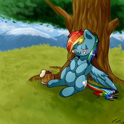 Size: 1000x1000 | Tagged: safe, artist:tomat-in-cup, character:rainbow dash, species:pegasus, species:pony, alcohol, beer, blushing, cider, eyes closed, female, mare, mountain, mug, outdoors, signature, sleeping, solo, tree
