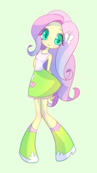 Size: 1500x2668 | Tagged: safe, artist:bbtasu, character:fluttershy, my little pony:equestria girls, boots, clothing, cute, female, hairpin, looking at you, moe, shoes, simple background, skirt, socks, solo
