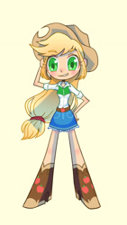 Size: 1500x2668 | Tagged: safe, artist:bbtasu, character:applejack, species:human, my little pony:equestria girls, applejack's hat, belt, boots, clothing, cowboy hat, cute, denim skirt, female, hat, looking at you, moe, shoes, simple background, skirt, solo, stetson