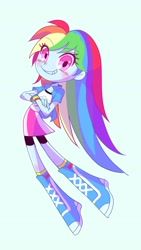 Size: 1500x2668 | Tagged: safe, artist:bbtasu, character:rainbow dash, species:human, my little pony:equestria girls, boots, clothing, compression shorts, cute, dashabetes, female, looking at you, moe, shoes, shorts, simple background, skirt, socks, solo