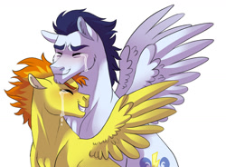 Size: 1280x940 | Tagged: safe, artist:cascayd, character:soarin', character:spitfire, species:pony, ship:soarinfire, blushing, crying, female, male, mare, shipping, smiling, stallion, straight, tears of joy
