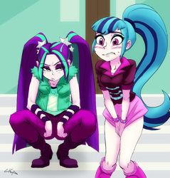 Size: 981x1028 | Tagged: safe, alternate version, artist:paradoxbroken, colorist:ironhades, edit, character:aria blaze, character:sonata dusk, species:human, my little pony:equestria girls, blushing, boots, breasts, clothing, color edit, colored, covering, covering crotch, embarrassed, human coloration, miniskirt, need to pee, omorashi, pants, pigtails, ponytail, potty dance, potty emergency, potty time, shoes, skirt, skirt pull, socks, squatting, twintails
