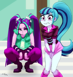 Size: 981x1028 | Tagged: safe, artist:paradoxbroken, colorist:ironhades, edit, character:aria blaze, character:sonata dusk, my little pony:equestria girls, blushing, boots, breasts, clothing, color edit, colored, covering, covering crotch, embarrassed, miniskirt, need to pee, omorashi, pants, pigtails, ponytail, potty time, shoes, skirt, skirt pull, socks, spiked wristband, squatting, twintails, wristband