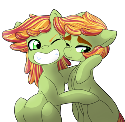Size: 3000x2945 | Tagged: safe, artist:marukouhai, oc, oc only, oc:green berry, oc:wild berry, parent:big macintosh, parent:cheerilee, parents:cheerimac, species:earth pony, species:pony, colt, high res, male, offspring, simple background, twins, white background