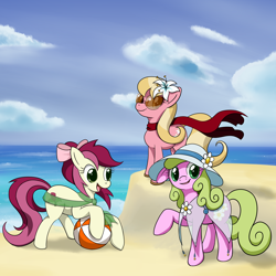 Size: 1500x1500 | Tagged: safe, artist:tehflah, character:daisy, character:lily, character:lily valley, character:roseluck, species:earth pony, species:pony, ask, ask the flower trio, beach, beach ball, clothing, female, flower trio, mare, scarf, smiling, trio, trio female, tumblr