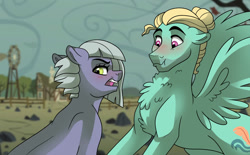 Size: 1024x636 | Tagged: safe, artist:cascayd, character:limestone pie, character:zephyr breeze, species:earth pony, species:pegasus, species:pony, blushing, confused, crack shipping, digital art, duo, farm, female, limetsun pie, look away, male, mare, scrunchy face, shipping, spread wings, stallion, story in the source, story included, straight, tsundere, wingboner, wings, zephyrstone
