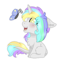 Size: 1500x1500 | Tagged: safe, artist:adostume, oc, oc only, oc:smoothie, species:pony, species:unicorn, blushing, butterfly, chest fluff, chibi, happy, leonine tail, simple background, smiling, solo, transparent background