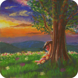 Size: 1200x1206 | Tagged: safe, artist:sa1ntmax, character:applejack, species:earth pony, species:pony, acrylic painting, coaster, craft, eyes closed, female, flower, hill, mare, nap, resting, scenery, sleeping, sunset, traditional art, tree, under the tree, wood