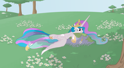 Size: 2334x1280 | Tagged: safe, artist:feather, character:princess celestia, species:alicorn, species:pony, dappled sunlight, female, flower, frown, mare, meadow, prone, solo, straw in mouth, tree