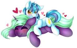 Size: 1024x641 | Tagged: safe, artist:adostume, oc, oc only, oc:saros nebula, oc:snap feather, cute, ear bite, eyes closed, heart, hug, ocbetes, simple background, size difference, snuggling, transparent background