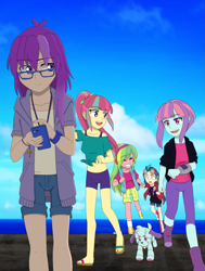Size: 1507x1990 | Tagged: safe, artist:fantasygerard2000, character:indigo zap, character:lemon zest, character:sour sweet, character:sunny flare, oc, oc:magus eveningstar, oc:percy the robot dog, my little pony:equestria girls, belly button, cellphone, clothing, cloud, glasses, looking back, phone, robot, robot dog, sandals, sky, smiling, sunny flare's wrist devices