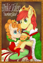 Size: 800x1174 | Tagged: safe, artist:laps-sp, character:applejack, character:bright mac, character:pear butter, species:pony, baby, baby applejack, baby pony, clothing, crown, cute, jackabetes, jewelry, pinkie tales, regalia, sleeping beauty