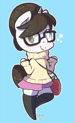 Size: 609x1000 | Tagged: safe, artist:talimingi, character:raven inkwell, species:anthro, species:pony, species:unguligrade anthro, species:unicorn, blue background, blushing, chibi, clothing, cute, female, glasses, hair bun, mare, moe, ravenbetes, simple background, skirt, socks, solo, sweater, thigh highs