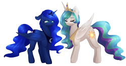 Size: 1280x678 | Tagged: safe, artist:rue-willings, character:princess celestia, character:princess luna, species:alicorn, species:pony, crown, crying, female, jewelry, mare, regalia, royal sisters, simple background, transparent background