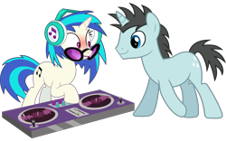 Size: 9722x6050 | Tagged: safe, artist:caliazian, artist:vectorizedunicorn, edit, character:dj pon-3, character:neon lights, character:rising star, character:vinyl scratch, species:pony, species:unicorn, episode:leap of faith, episode:slice of life, g4, my little pony: friendship is magic, absurd resolution, background pony, blushing, female, headphones, male, mare, open mouth, shipping, simple background, stallion, straight, sunglasses, transparent background, turntable, vector, vinylights