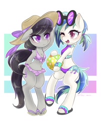 Size: 1074x1334 | Tagged: safe, artist:bbtasu, character:dj pon-3, character:octavia melody, character:vinyl scratch, species:anthro, species:earth pony, species:pony, species:unguligrade anthro, species:unicorn, arm hooves, attached skirt, beach ball, belly button, bikini, bikini shorts, blushing, breasts, chestbreasts, clothing, cute, duo, duo female, female, flip-flops, frilled swimsuit, glasses, hat, mare, midriff, missing horn, one eye closed, open mouth, pink swimsuit, plaid swimsuit, purple swimsuit, sandals, semi-anthro, skirt, sun hat, swimsuit, tricolor swimsuit, vinyl missing her horn, wink, wristband