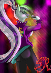 Size: 1500x2160 | Tagged: safe, artist:swiftriff, character:coloratura, species:anthro, clothing, female, looking back, microphone, pants, singing, solo, sweatpants