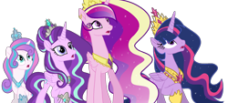 Size: 2068x934 | Tagged: safe, artist:gihhbloonde, base used, character:princess cadance, character:princess flurry heart, character:starlight glimmer, character:twilight sparkle, character:twilight sparkle (alicorn), species:alicorn, species:pony, alicornified, alternate universe, crown, ethereal mane, female, galaxy mane, hoof shoes, horseshoes, jewelry, looking up, mare, necklace, older, peytral, quartet, race swap, regalia, simple background, starlicorn, transparent background, ultimate twilight, xk-class end-of-the-world scenario