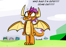 Size: 1400x1000 | Tagged: safe, artist:zouyugi, character:gallus, character:ocellus, character:sandbar, character:silverstream, character:smolder, character:yona, species:classical hippogriff, species:dragon, species:griffon, species:hippogriff, angry, blushing, cute, dialogue, dragoness, female, hiding, i'm not cute, smolderbetes, smoldere, student six, this will end in pain, tsundere, upset